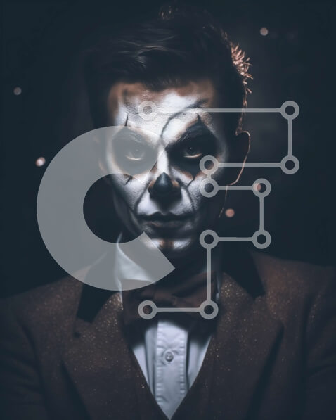 Intra Συλλεκτικό Ξύλινο Παζλ Plywood  4mm - Συναρπαστική εικόνα ενός άνδρα με κοστούμι και παπιγιόν με λευκή μπογιά προσώπου και μαύρο eyeliner Σε Ξύλινο Κουτί - Διαστάσεις Puzzle: 10x10 cm – 25 κομμάτια