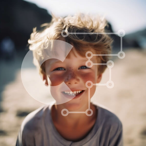 Intra Συλλεκτικό Ξύλινο Παζλ Plywood  4mm - Χαρούμενο νεαρό αγόρι στην παραλία με ακατάστατα μαλλιά και γκρι μπλουζάκι Σε Ξύλινο Κουτί - Διαστάσεις Puzzle: 10x10 cm – 25 κομμάτια