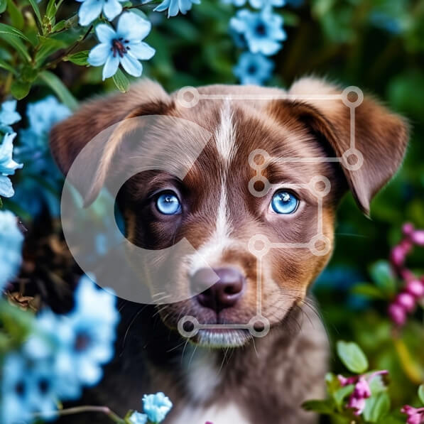 Intra Συλλεκτικό Ξύλινο Παζλ Plywood  4mm - Αξιολάτρευτο καφέ και λευκό σκυλί ανάμεσα σε μπλε λουλούδια Σε Ξύλινο Κουτί - Διαστάσεις: 10x10 cm – 25 κομμάτια