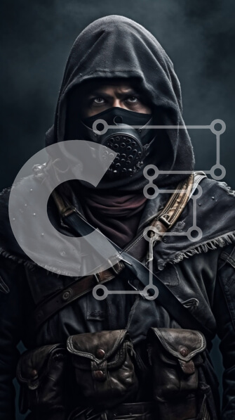 Intra Συλλεκτικό Ξύλινο Παζλ Plywood  4mm - Σκοτεινή και μυστηριώδης εικόνα ενός άνδρα που φορά μάσκα αερίου και μπουφάν με κουκούλα Σε Ξύλινο Κουτί - Διαστάσεις Puzzle: 10x10 cm – 25 κομμάτια