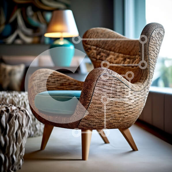 Intra Συλλεκτικό Ξύλινο Παζλ Plywood  4mm - Σύγχρονη ψάθινη πολυθρόνα με μπλε μαξιλάρι και θέα στην πόλη Σε Ξύλινο Κουτί - Διαστάσεις Puzzle: 10x10 cm – 25 κομμάτια