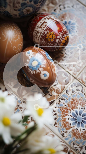 Intra Συλλεκτικό Ξύλινο Παζλ Plywood  4mm - Πολύχρωμα Πασχαλινά αυγά και μαργαρίτες στο δάπεδο με πλακάκια Σε Ξύλινο Κουτί - Διαστάσεις: 10x10 cm – 25 κομμάτια