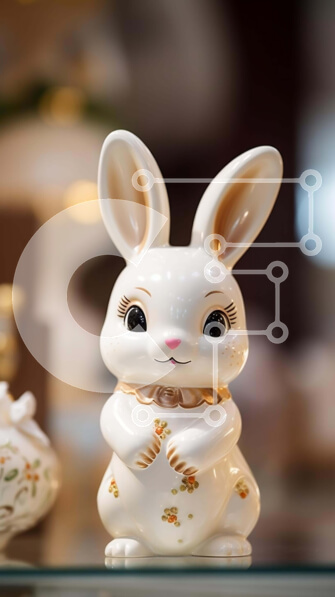 Intra Συλλεκτικό Ξύλινο Παζλ Plywood  4mm - Λευκό κεραμικό ειδώλιο λαγουδάκι με θέμα το Πάσχα στο τραπέζι Σε Ξύλινο Κουτί - Διαστάσεις Puzzle: 10x10 cm – 25 κομμάτια