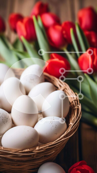 Intra Συλλεκτικό Ξύλινο Παζλ Plywood  4mm - Ψάθινο καλάθι με λευκά αυγά και κόκκινες τουλίπες Σε Ξύλινο Κουτί - Διαστάσεις: 10x10 cm – 25 κομμάτια