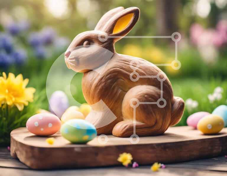 Intra Συλλεκτικό Ξύλινο Παζλ Plywood  4mm - Άγαλμα λαγουδάκι του Πάσχα με διακοσμητικά αυγά σε ξύλινη σανίδα Σε Ξύλινο Κουτί - Διαστάσεις: 10x10 cm – 25 κομμάτια