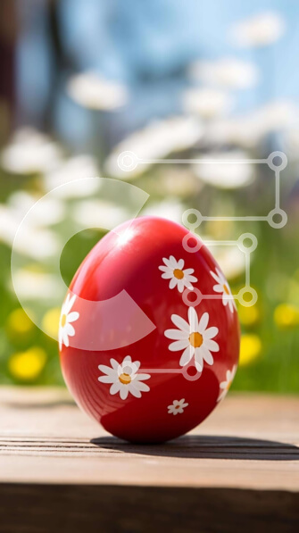 Intra Συλλεκτικό Ξύλινο Παζλ Plywood  4mm - Κόκκινο πασχαλινό αυγό με λουλούδια που μοιάζουν με μαργαρίτα σε ξύλινο τραπέζι Σε Ξύλινο Κουτί - Διαστάσεις: 10x10 cm – 25 κομμάτια