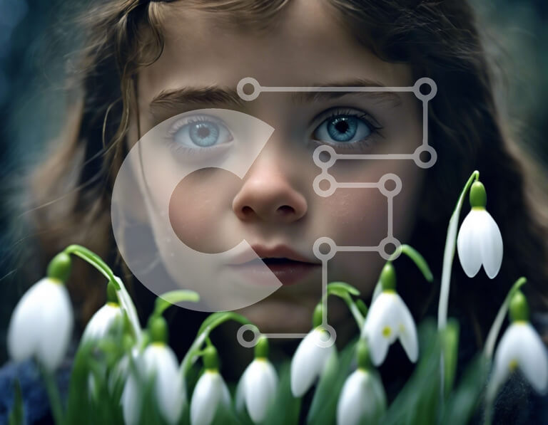 Intra Συλλεκτικό Ξύλινο Παζλ Plywood  4mm - Νεαρό κορίτσι με μπλε μάτια που περιβάλλεται από χιονοσταλίδες Σε Ξύλινο Κουτί - Διαστάσεις: 10x10 cm – 25 κομμάτια