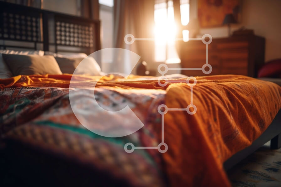 Intra Συλλεκτικό Ξύλινο Παζλ Plywood  4mm - Άνετο και φωτεινό υπνοδωμάτιο με μεγάλο κρεβάτι και πορτοκαλί κουβέρτα Σε Ξύλινο Κουτί - Διαστάσεις Puzzle: 10x10 cm – 25 κομμάτια