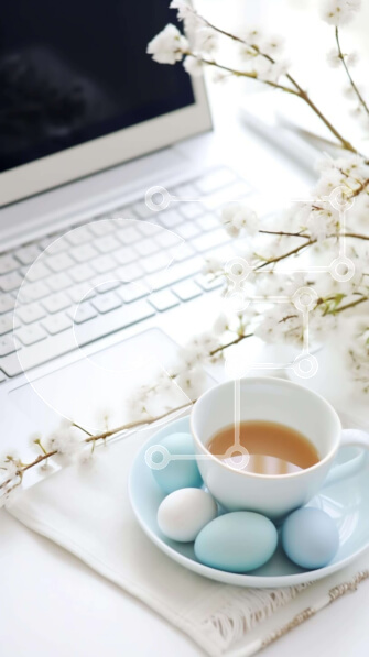 Intra Συλλεκτικό Ξύλινο Παζλ Plywood  4mm - Καφές, πασχαλινό αυγό και φρέσκα φρούτα με φορητό υπολογιστή και λευκά λουλούδια Σε Ξύλινο Κουτί - Διαστάσεις: 10x10 cm – 25 κομμάτια