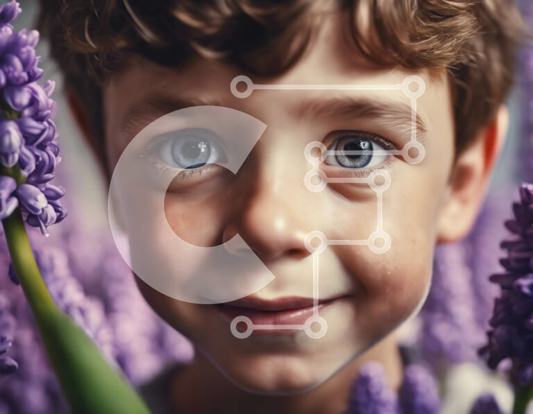 Intra Συλλεκτικό Ξύλινο Παζλ Plywood  4mm - Νεαρό αγόρι στο πορφυρό πεδίο λουλουδιών που χαμογελά Σε Ξύλινο Κουτί - Διαστάσεις Puzzle: 10x10 cm – 25 κομμάτια