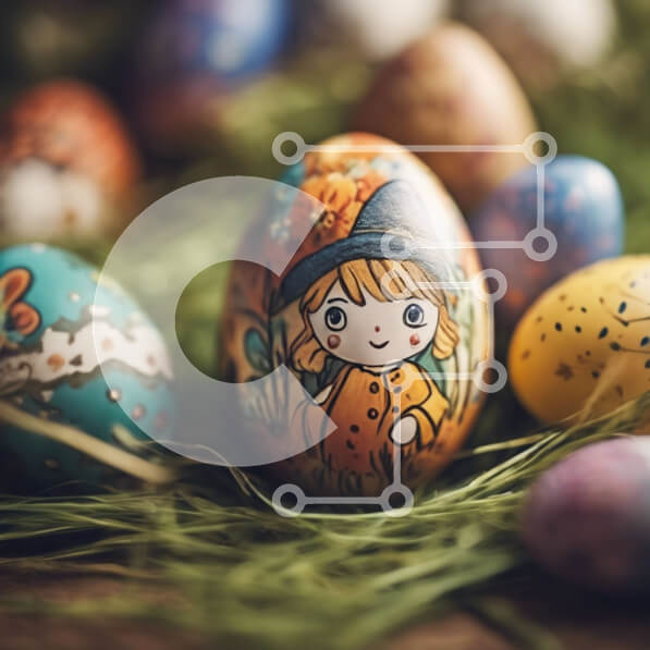 Intra Συλλεκτικό Ξύλινο Παζλ Plywood  4mm - Κορίτσι που κάθεται σε βαμμένα Πασχαλινά αυγά που περιβάλλεται από γρασίδι και λουλούδια Σε Ξύλινο Κουτί - Διαστάσεις: 10x10 cm – 25 κομμάτια