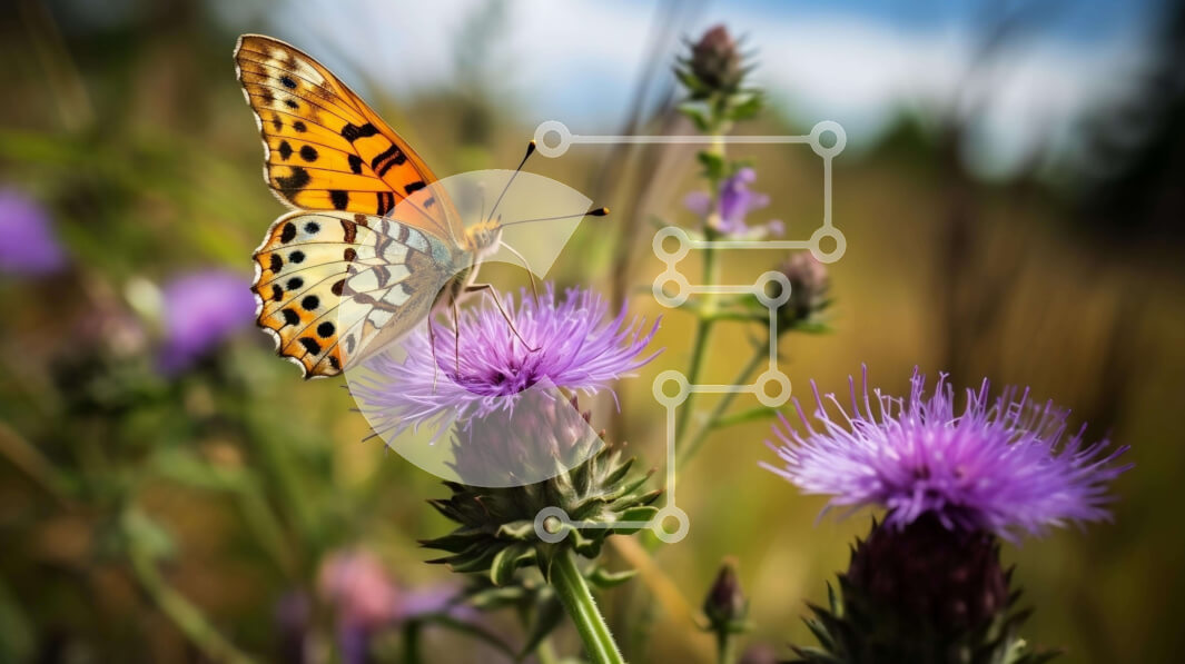 Intra Συλλεκτικό Ξύλινο Παζλ Plywood  4mm - Πεταλούδα στα πορφυρά λουλούδια γαϊδουράγκαθου στο χωράφι Σε Ξύλινο Κουτί - Διαστάσεις: 10x10 cm – 25 κομμάτια