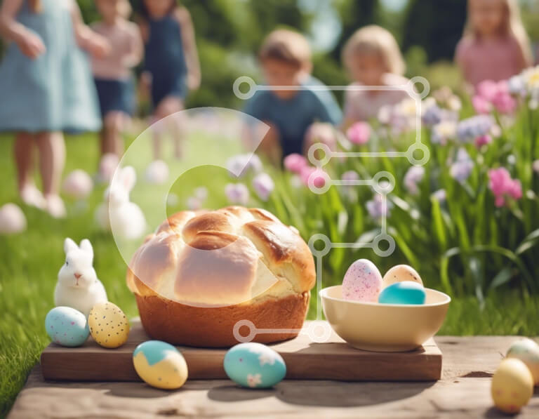 Intra Συλλεκτικό Ξύλινο Παζλ Plywood  4mm - Πασχαλινή γιορτή με ψωμί σε σχήμα λαγουδάκι και παιδιά να παίζουν στο γρασίδι Σε Ξύλινο Κουτί - Διαστάσεις: 10x10 cm – 25 κομμάτια