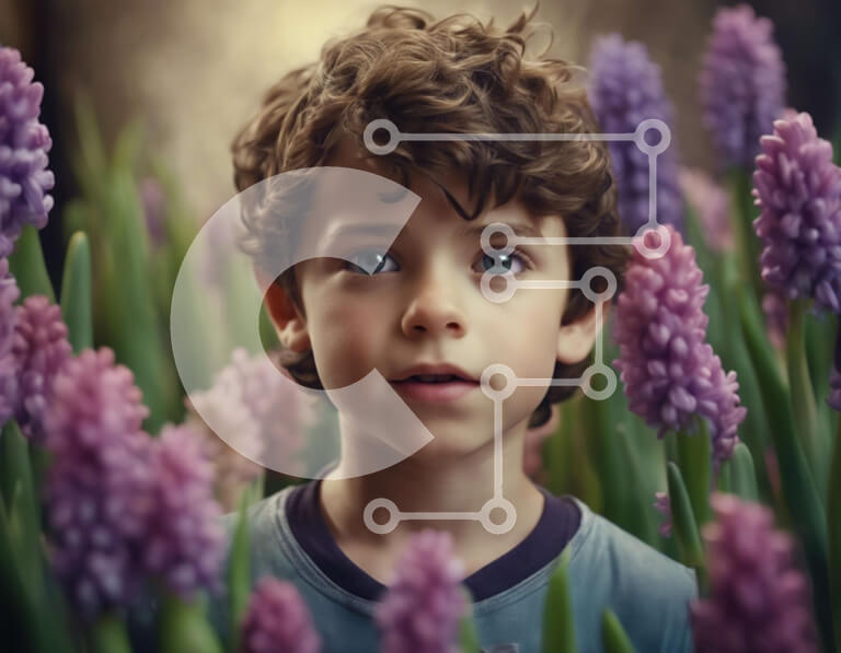 Intra Συλλεκτικό Ξύλινο Παζλ Plywood  4mm - Νεαρό αγόρι που περιβάλλεται από μωβ λουλούδια υάκινθου Σε Ξύλινο Κουτί - Διαστάσεις: 10x10 cm – 25 κομμάτια