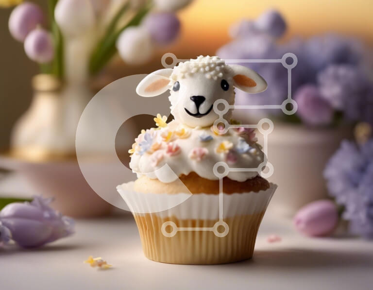 Σετ των 2 Intra Συλλεκτικό Ξύλινο Παζλ Plywood  4mm - Πασχαλινό cupcake με ειδώλιο προβάτου και μωβ λουλούδια Σε Ξύλινο Κουτί - Διαστάσεις: 10x10 cm – 25 κομμάτια