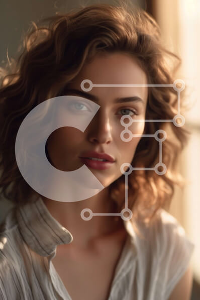 Intra Συλλεκτικό Ξύλινο Παζλ Plywood  4mm - Σοβαρό πορτρέτο μιας γυναίκας με σγουρά καστανά μαλλιά και καστανά μάτια Σε Ξύλινο Κουτί - Διαστάσεις Puzzle: 10x10 cm – 25 κομμάτια