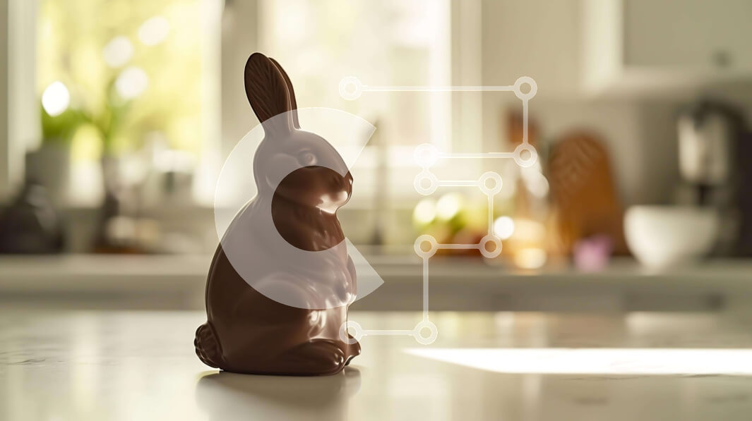 Intra Συλλεκτικό Ξύλινο Παζλ Plywood  4mm - Άγαλμα λαγουδάκι σοκολάτας στον πάγκο της κουζίνας για τον εορτασμό του Πάσχα Σε Ξύλινο Κουτί - Διαστάσεις: 10x10 cm – 25 κομμάτια