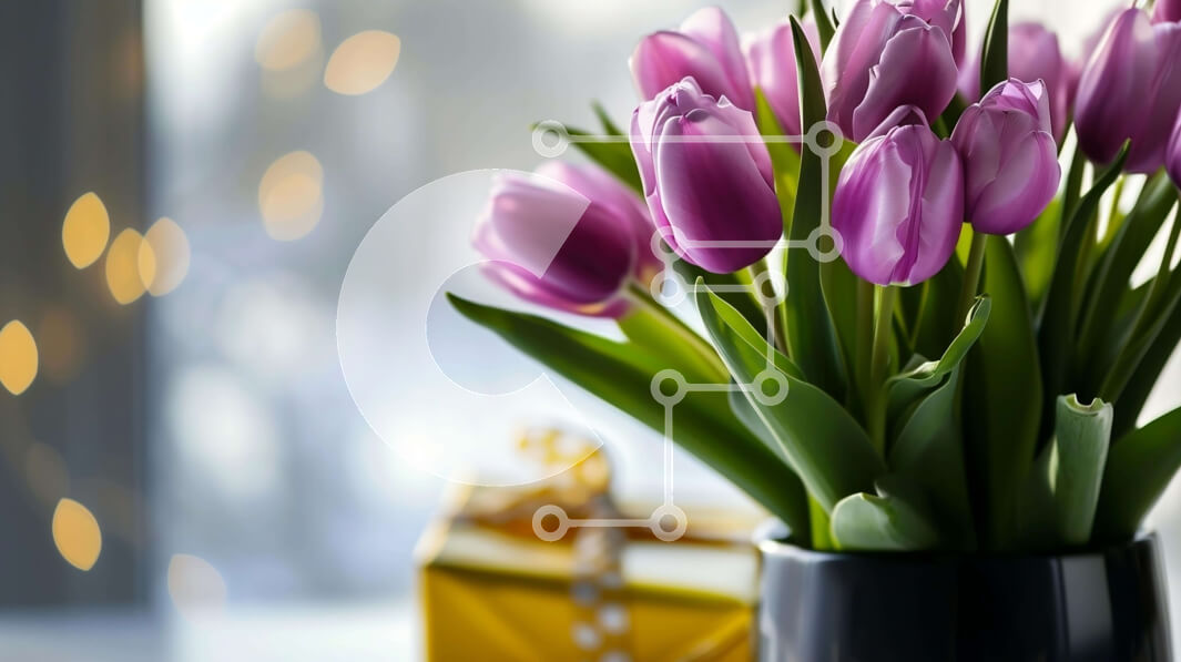 Intra Συλλεκτικό Ξύλινο Παζλ Plywood  4mm - Μωβ τουλίπες σε μαύρο βάζο με χρυσό κουτί δώρου Σε Ξύλινο Κουτί - Διαστάσεις Puzzle: 10x10 cm – 25 κομμάτια