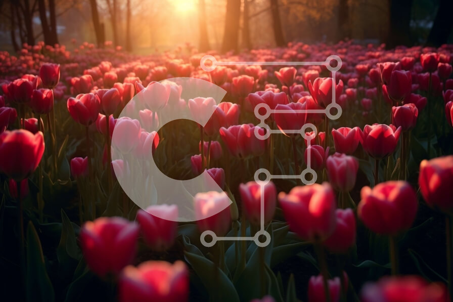 Intra Συλλεκτικό Ξύλινο Παζλ Plywood  4mm - Πανέμορφο κόκκινο χωράφι με τουλίπα στο έντονο φως του ήλιου Σε Ξύλινο Κουτί - Διαστάσεις: 10x10 cm – 25 κομμάτια