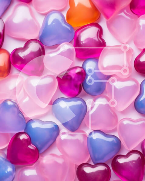 Intra Συλλεκτικό Ξύλινο Παζλ Plywood  4mm - Συστάδα από ροζ, μωβ και μπλε πλαστικές χάντρες σε σχήμα καρδιάς Σε Ξύλινο Κουτί - Διαστάσεις Puzzle: 10x10 cm – 25 κομμάτια