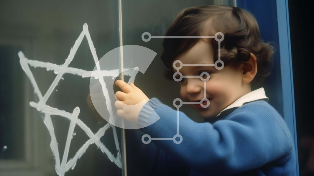 Intra Συλλεκτικό Ξύλινο Παζλ Plywood  4mm - Μικρό παιδί που παίζει με το αστέρι του Δαβίδ στο γυάλινο παράθυρο Σε Ξύλινο Κουτί - Διαστάσεις Puzzle: 10x10 cm – 25 κομμάτια