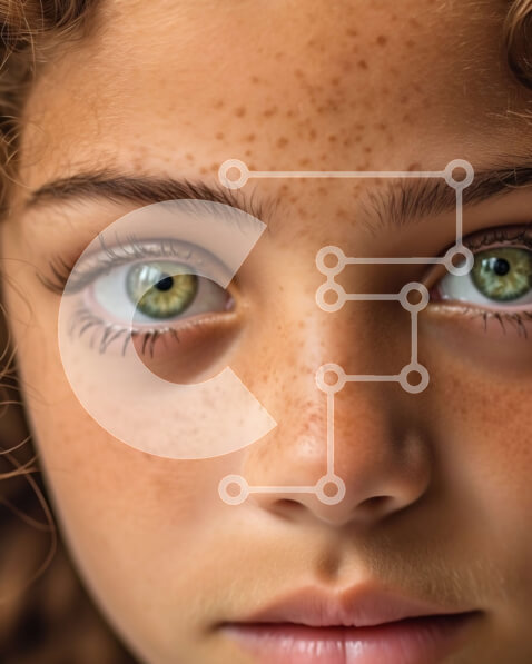 Intra Συλλεκτικό Ξύλινο Παζλ Plywood  4mm - Όμορφο πορτρέτο ενός νεαρού κοριτσιού με πράσινα μάτια και φακίδες Σε Ξύλινο Κουτί - Διαστάσεις Puzzle: 10x10 cm – 25 κομμάτια