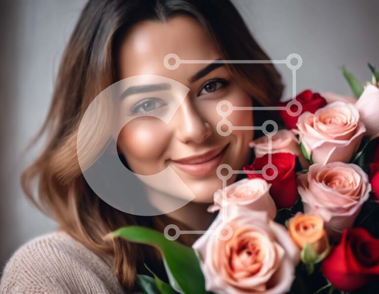 Intra Συλλεκτικό Ξύλινο Παζλ Plywood  4mm - Χαμογελαστή γυναίκα που κρατά ένα μπουκέτο με τριαντάφυλλα Σε Ξύλινο Κουτί - Διαστάσεις Puzzle: 10x10 cm – 25 κομμάτια