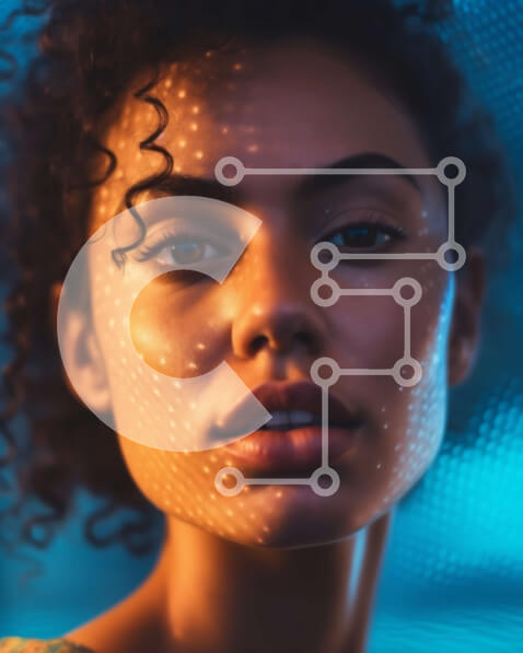 Intra Συλλεκτικό Ξύλινο Παζλ Plywood  4mm - Η λαμπερή νεαρή γυναίκα ποζάρει μπροστά από το νέον φόντο Σε Ξύλινο Κουτί - Διαστάσεις Puzzle: 10x10 cm – 25 κομμάτια