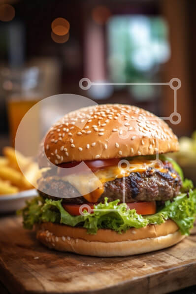 Σετ των 2 Intra Συλλεκτικό Ξύλινο Παζλ Plywood  4mm - Νόστιμο Cheeseburger και πατάτες σε ένα ξύλινο τραπέζι με μπύρα Σε Ξύλινο Κουτί - Διαστάσεις: 10x10 cm – 25 κομμάτια