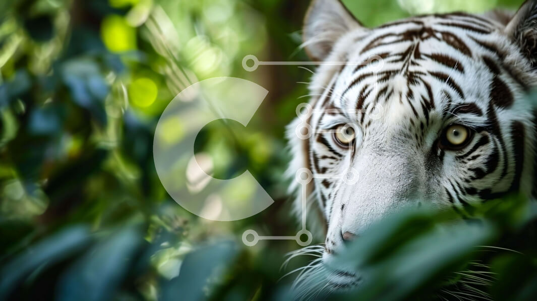 Σετ των 2 Intra Συλλεκτικό Ξύλινο Παζλ Plywood  4mm - Περίεργη λευκή τίγρη που κρυφοκοιτάζει πίσω από τα φύλλα στο δάσος Σε Ξύλινο Κουτί - Διαστάσεις: 10x10 cm – 25 κομμάτια