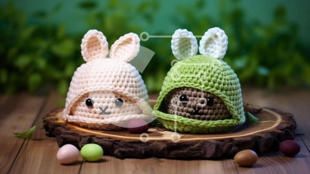 Intra Συλλεκτικό Ξύλινο Παζλ Plywood  4mm - Κροσέ καπέλα λαγουδάκι και πασχαλινά αυγά σε ξύλινο ξύλο κοπής Σε Ξύλινο Κουτί - Διαστάσεις: 10x10 cm – 25 κομμάτια