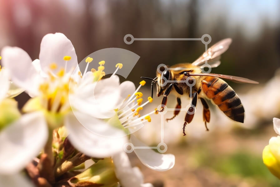 Intra Συλλεκτικό Ξύλινο Παζλ Plywood  4mm - Κοντινή εικόνα της μέλισσας με γύρη σε καλάθια γύρης και λευκό λουλούδι Σε Ξύλινο Κουτί - Διαστάσεις: 10x10 cm – 25 κομμάτια