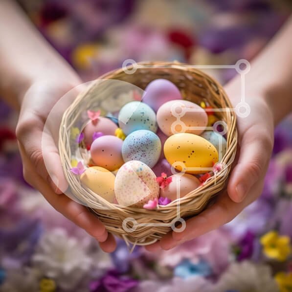 Intra Συλλεκτικό Ξύλινο Παζλ Plywood  4mm - Πολύχρωμα Πασχαλινά αυγά σε ένα ψάθινο καλάθι - κοντινό πλάνο Σε Ξύλινο Κουτί - Διαστάσεις: 10x10 cm – 25 κομμάτια