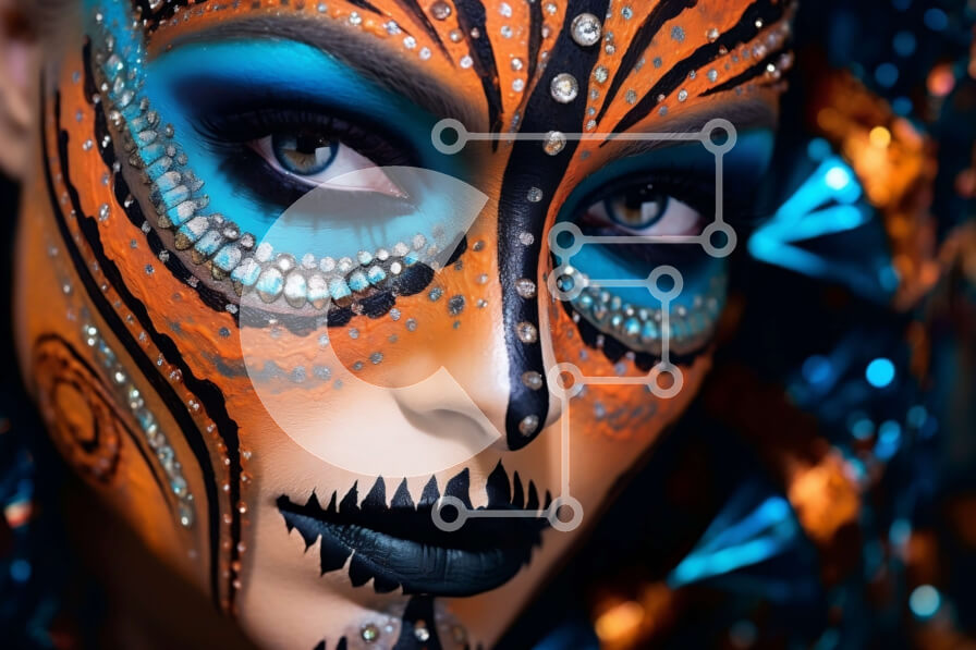 Intra Συλλεκτικό Ξύλινο Παζλ Plywood  4mm - Εκπληκτική εικόνα γυναίκας με μπλε και πορτοκαλί κρανίο μακιγιάζ και κοσμήματα Σε Ξύλινο Κουτί - Διαστάσεις Puzzle: 10x10 cm – 25 κομμάτια