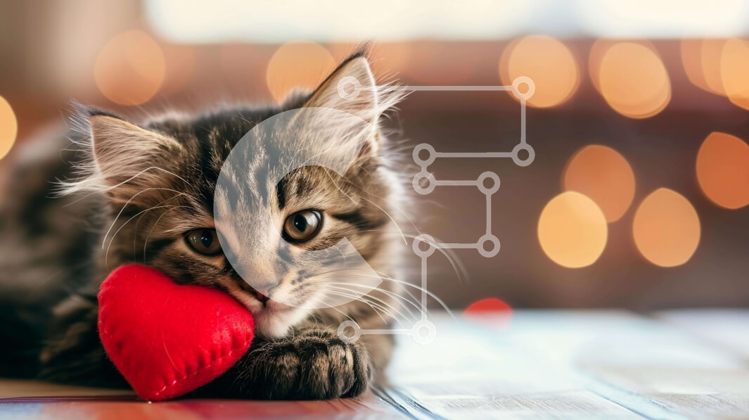 Σετ των 2 Intra Συλλεκτικό Ξύλινο Παζλ Plywood  4mm - Αξιολάτρευτο γατάκι που παίζει με κόκκινο παιχνίδι σε σχήμα καρδιάς Σε Ξύλινο Κουτί - Διαστάσεις: 10x10 cm – 25 κομμάτια