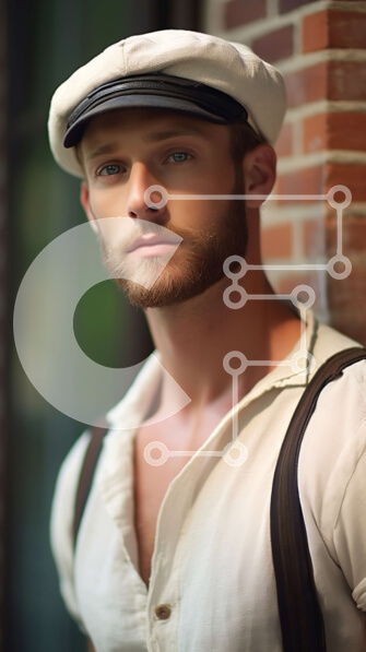 Intra Συλλεκτικό Ξύλινο Παζλ Plywood  4mm - Πορτρέτο ενός γενειοφόρου άνδρα με ζαρτιέρες που γέρνει στον τοίχο από τούβλα Σε Ξύλινο Κουτί - Διαστάσεις Puzzle: 10x10 cm – 25 κομμάτια