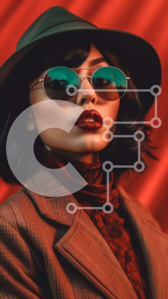 Intra Συλλεκτικό Ξύλινο Παζλ Plywood  4mm - Κομψή γυναίκα με γυαλιά ηλίου και καπέλο που ποζάρει με κόκκινο φόντο Σε Ξύλινο Κουτί - Διαστάσεις Puzzle: 10x10 cm – 25 κομμάτια