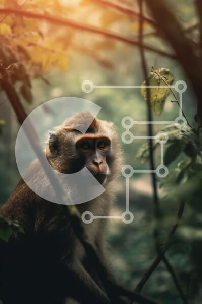 Σετ των 2 Intra Συλλεκτικό Ξύλινο Παζλ Plywood  4mm - Κοντινό πλάνο περίεργος μαϊμού με πρόσωπο σε καταπράσινη ζούγκλα Σε Ξύλινο Κουτί - Διαστάσεις: 10x10 cm – 25 κομμάτια