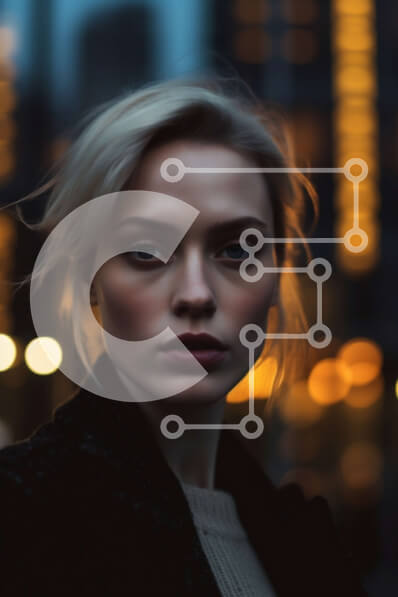 Intra Συλλεκτικό Ξύλινο Παζλ Plywood  4mm - Σοβαρή γυναίκα με μαύρο παλτό με ξανθά μαλλιά που στέκεται μπροστά στον ορίζοντα της πόλης τη νύχτα Σε Ξύλινο Κουτί - Διαστάσεις Puzzle: 10x10 cm – 25 κομμάτια