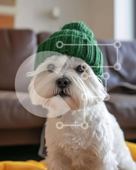 Σετ των 2 Intra Συλλεκτικό Ξύλινο Παζλ Plywood  4mm - Αξιολάτρευτο λευκό σκυλί με πράσινη πλεκτή φασόλια Σε Ξύλινο Κουτί - Διαστάσεις: 10x10 cm – 25 κομμάτια