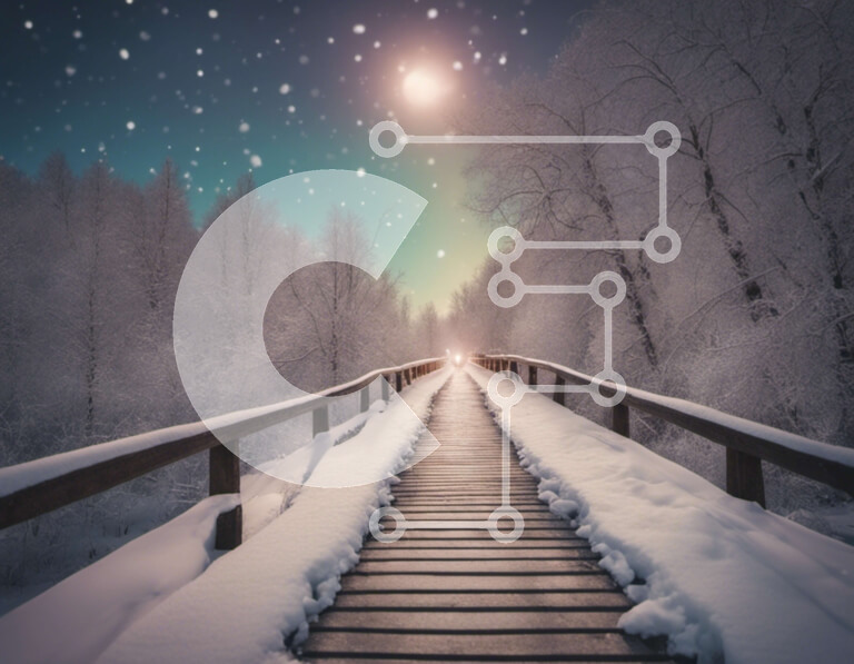 Intra Συλλεκτικό Ξύλινο Παζλ Plywood  4mm - Ξύλινη γέφυρα στο χιονισμένο δάσος τη νύχτα Σε Ξύλινο Κουτί - Διαστάσεις: 10x10 cm – 25 κομμάτια