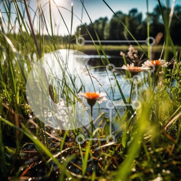 Intra Συλλεκτικό Ξύλινο Παζλ Plywood  4mm - Όμορφο τοπίο ενός χωραφιού με μαργαρίτες με εκπληκτική θέα στη λίμνη Σε Ξύλινο Κουτί - Διαστάσεις: 10x10 cm – 25 κομμάτια