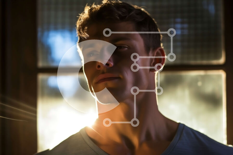 Intra Συλλεκτικό Ξύλινο Παζλ Plywood  4mm - Σοβαρός άνδρας με μπλε πουκάμισο που κοιτάζει έξω από το παράθυρο στο φως του ήλιου Σε Ξύλινο Κουτί - Διαστάσεις Puzzle: 10x10 cm – 25 κομμάτια