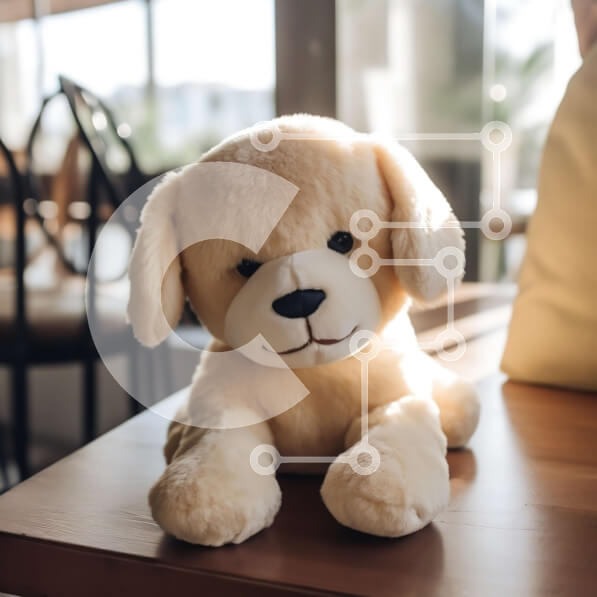 Intra Συλλεκτικό Ξύλινο Παζλ Plywood  4mm - Χαρούμενος και παιχνιδιάρης γεμιστός σκύλος σε ξύλινο τραπέζι Σε Ξύλινο Κουτί - Διαστάσεις Puzzle: 10x10 cm – 25 κομμάτια