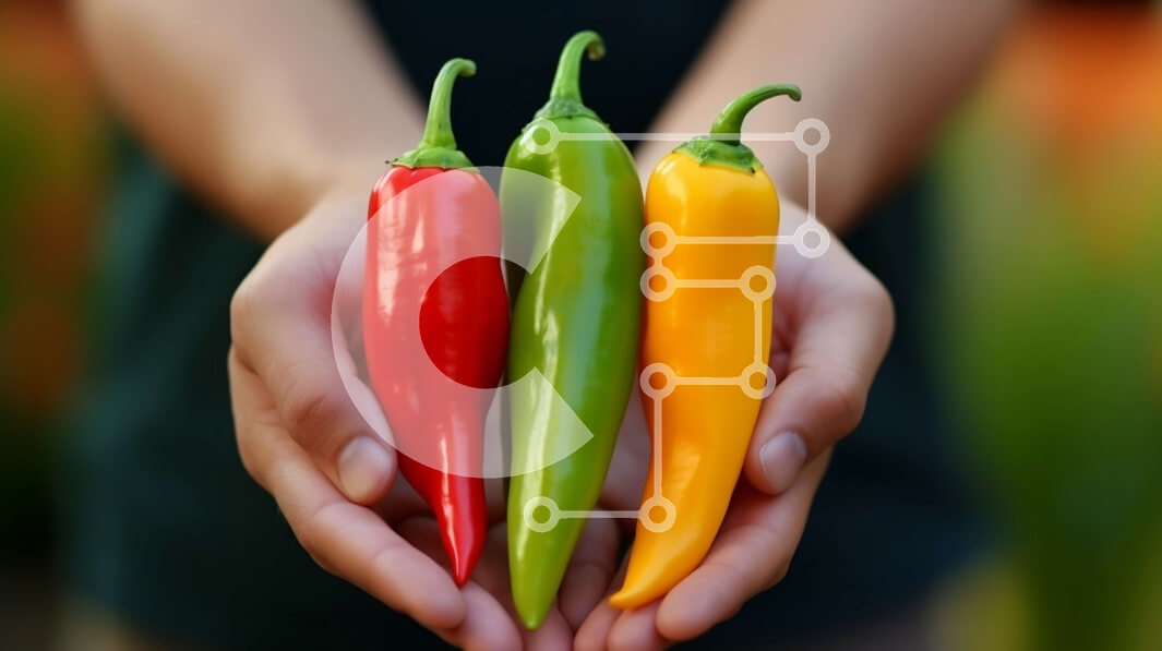 Σετ των 2 Intra Συλλεκτικό Ξύλινο Παζλ Plywood  4mm - Άτομο που κρατά τρεις πιπεριές τσίλι - κόκκινες και κίτρινες Σε Ξύλινο Κουτί - Διαστάσεις: 10x10 cm – 25 κομμάτια