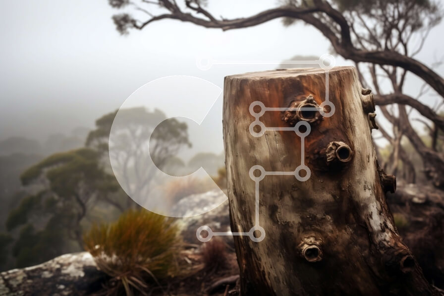 Intra Συλλεκτικό Ξύλινο Παζλ Plywood  4mm - Μυστηριώδες κούτσουρο δέντρου σε ομιχλώδες περιβάλλον Σε Ξύλινο Κουτί - Διαστάσεις: 10x10 cm – 25 κομμάτια