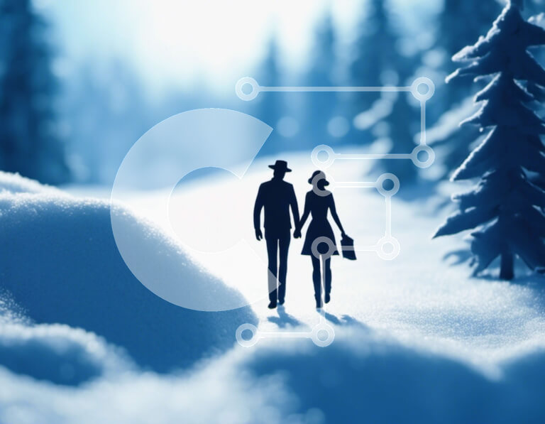 Intra Συλλεκτικό Ξύλινο Παζλ Plywood  4mm - Χειμερινό ειδύλλιο: Ζευγάρι που περπατά στο Snowy Forest Σε Ξύλινο Κουτί - Διαστάσεις Puzzle: 10x10 cm – 25 κομμάτια