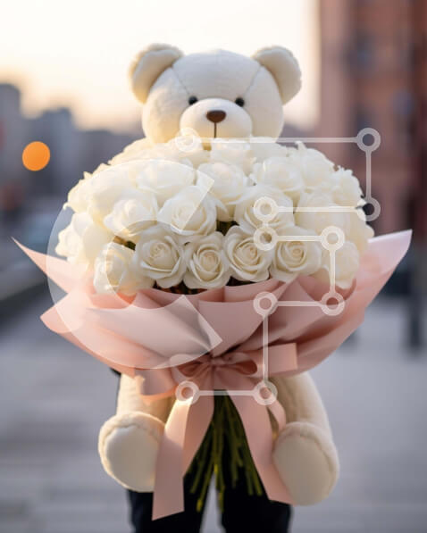 Intra Συλλεκτικό Ξύλινο Παζλ Plywood  4mm - Άτομο που κρατά μπουκέτο από λευκά τριαντάφυλλα με αρκουδάκι Σε Ξύλινο Κουτί - Διαστάσεις Puzzle: 10x10 cm – 25 κομμάτια