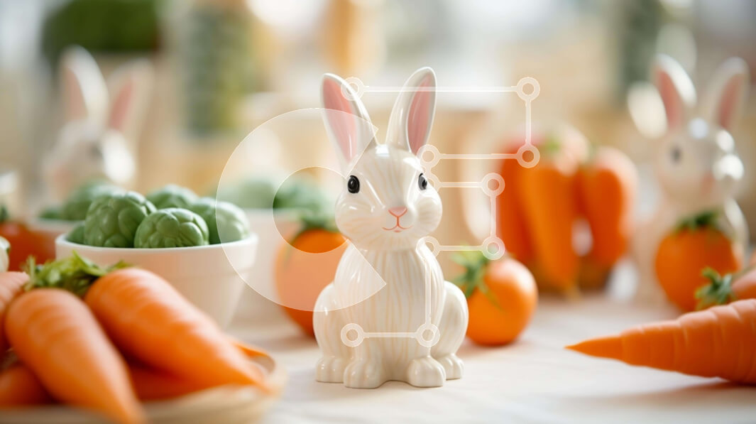 Intra Συλλεκτικό Ξύλινο Παζλ Plywood  4mm - Πασχαλινά ειδώλια κουνελιών και λαχανικά στο τραπέζι Σε Ξύλινο Κουτί - Διαστάσεις Puzzle: 10x10 cm – 25 κομμάτια