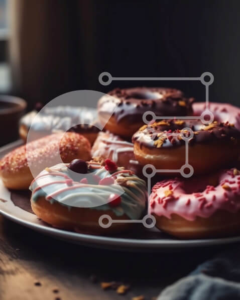 Σετ των 2 Intra Συλλεκτικό Ξύλινο Παζλ Plywood  4mm - Πιάτο με πολύχρωμα γυαλισμένα ντόνατς σε ένα ξύλινο τραπέζι με θέα στον ορίζοντα της πόλης Σε Ξύλινο Κουτί - Διαστάσεις: 10x10 cm – 25 κομμάτια